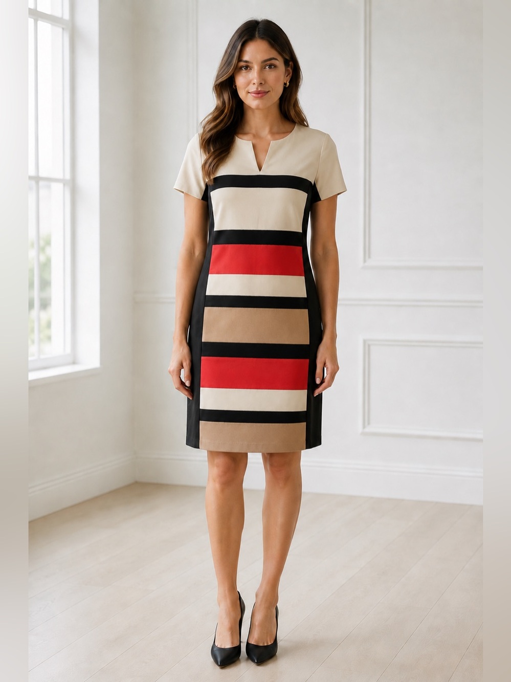 Lafayette 148 New York Size 4 Colorblock Shift Dress Red/Orange Black Tan